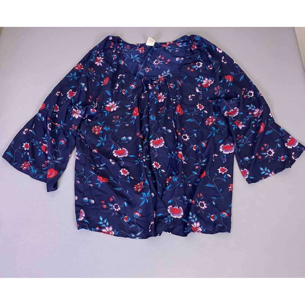 Faded Glory  Blouse Top Women's 4X Navy‎ Blue Floral Bell Sleeve Tassel Peasant*